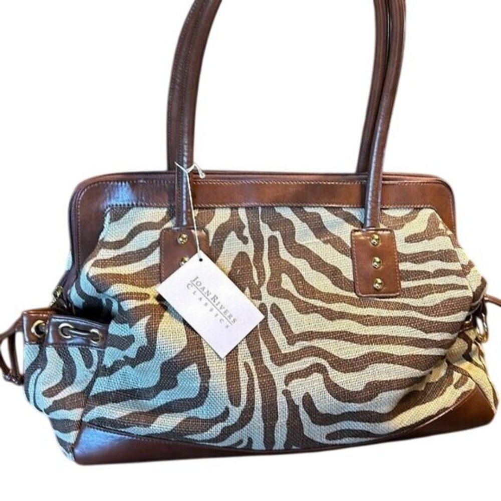 NWT Joan Rivers Classics Zebra Print Tote Bag With Brown Leather Accents & Dual